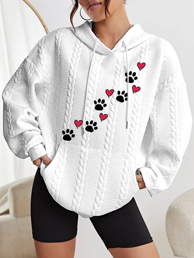 Women Puppy Paw Print Heart Print Cable Hoodie