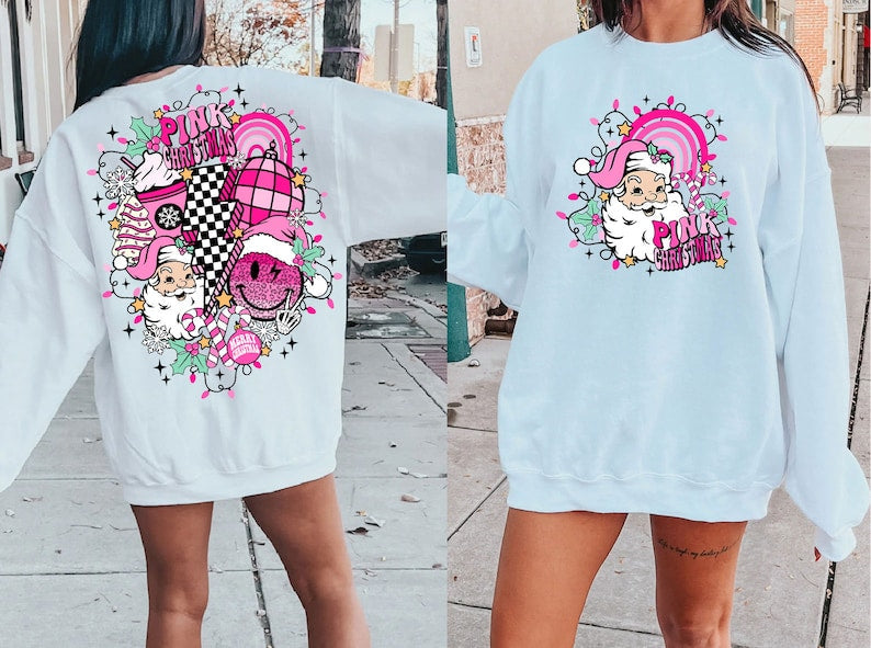 Retro Pink Christmas Print Trendy Sweatshirt